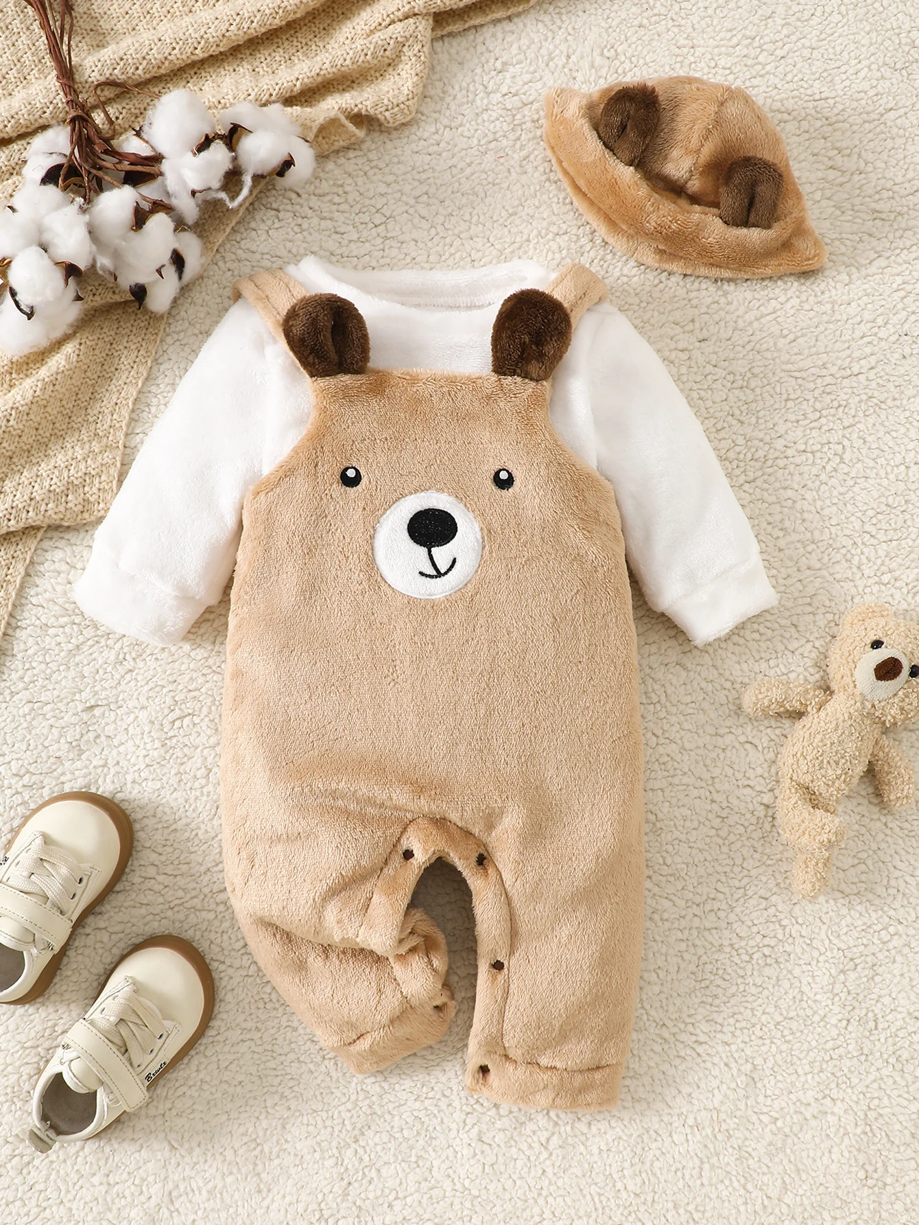 

IURNXB комплект детской одежды из 2 предметов, унисекс, плюшевый комбинезон с рисунком медведя + свитер + шапка, флисовая одежда, От 0 до 18 месяцев