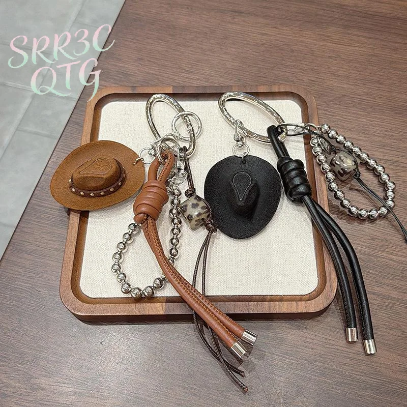Hot Sale Lucky Cowboy Hat Keychain Pendant Handmade Braided Rope Faux Leather Charm Good Fortune Decor For Car Keys Bag Purse