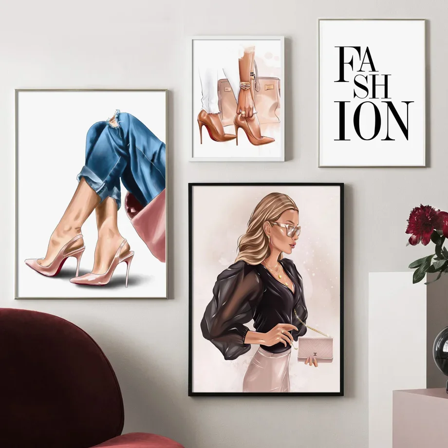 

Abstract Wall Art Fashion Girl in Jeans with High Heels Canvas Painting Living Room Decor Poster Print
