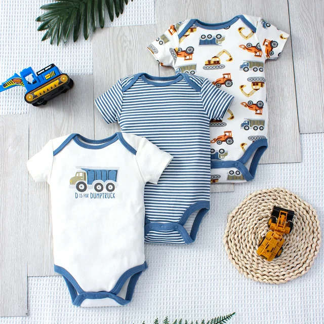3 szt. Letnie chłopięce body dziecięce trzyczęściowy zestaw ciężarówka z kreskówek i wzór w paski z krótkim rękawem i guzikami trójkątne body