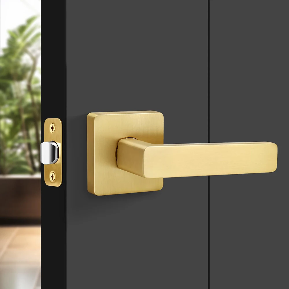 Golden Keyless Entry Door Knob - Heavy Duty, Reversible Square Privacy Lock for Bedroom & Bathroom