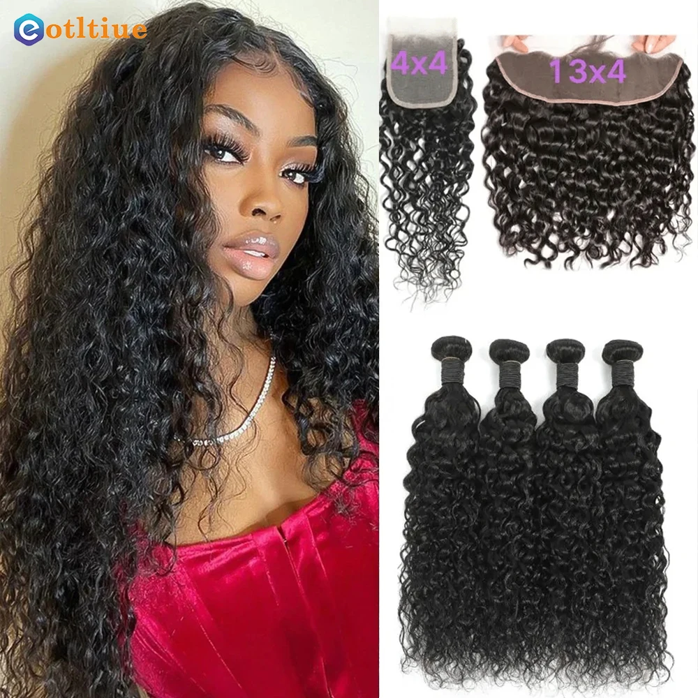 

Water Wave Bundles With Frontal HD Transparent Lace Human Hair Bundles 28 Inch Wet And Wavy Hair Extensions Bundles With Closure