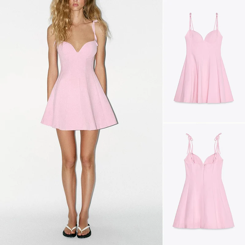 فستان صيفي جديد أنيق بخصر مرتفع وبدون حمالات مع ياقة على شكل قلب ومزين بعقدة فراشة، تصميم أزياء نسائية من ألياف البوليستر