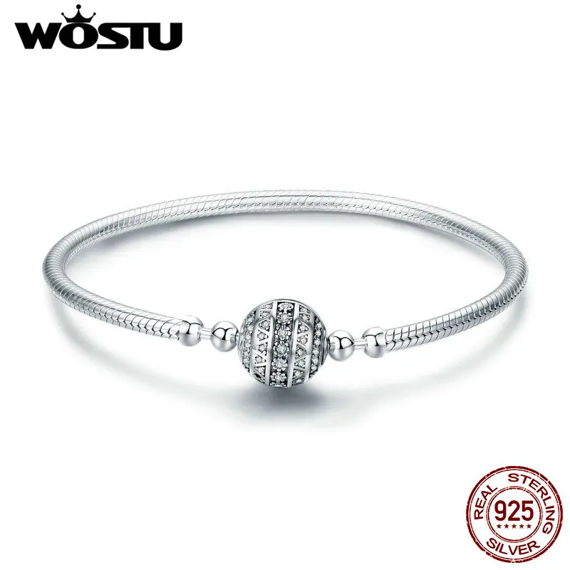 WOSTU אמיתי 925 סטרלינג כסף נוצץ כדור צמיד & צמידים לנשים Fit DIY קסמי חרוזים תכשיטי המקורי מתנה CQB062