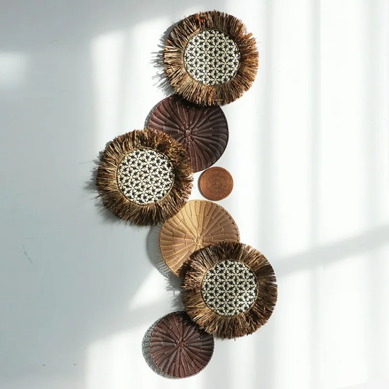 Handwoven Rattan Wall Decor Woven Straw Boho Nordic Rustic Wicker Hanging Art for Bedroom Entryway Unique Handicraft Home Art