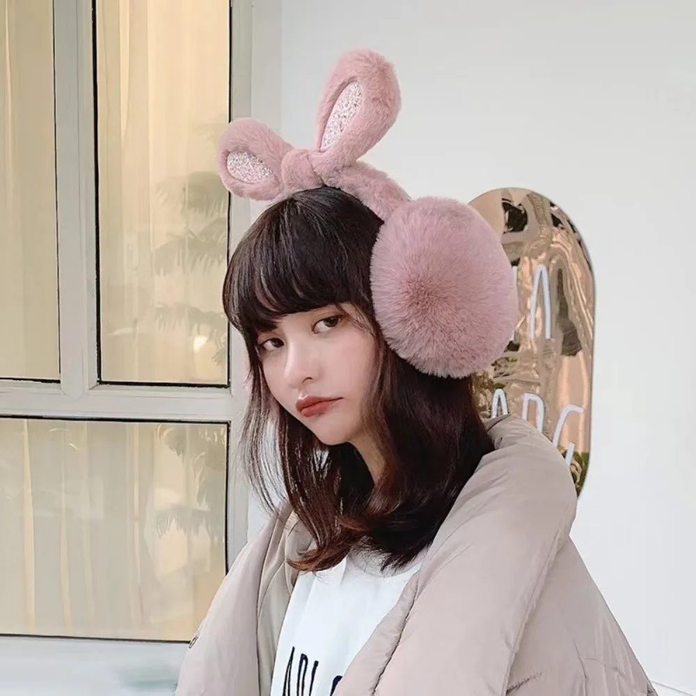 귀여운 플러시 스팽글 토끼 귀 귀마개 동파 방지 접이식 귀 따뜻하게 유지 여성용 두꺼운 귀 덮개