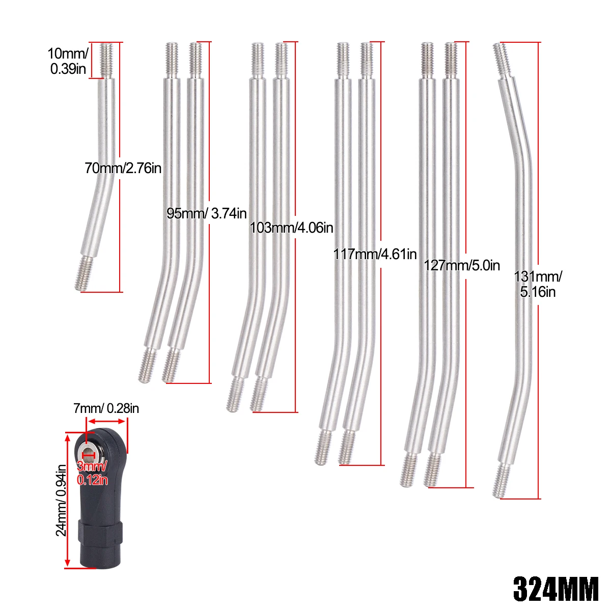 Enlaces de Metal RC de 313/324mm, conjunto de eslabones de chasis de conexión superior e inferior con extremos de varilla de plástico para coche trepador de control remoto AXIAL SCX10 II 1/10 90046