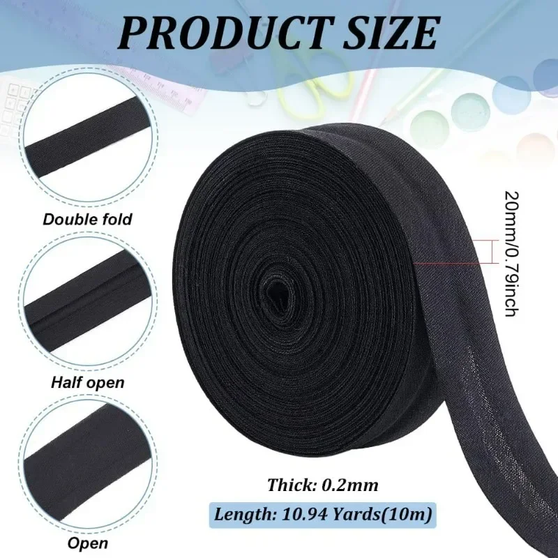 11 Yards Single Fold Bias Tape 3/4 inch Wide Black Bias Binding Tape Hemming Tape for DIY Garment Sewing Seaming Piping Quilting