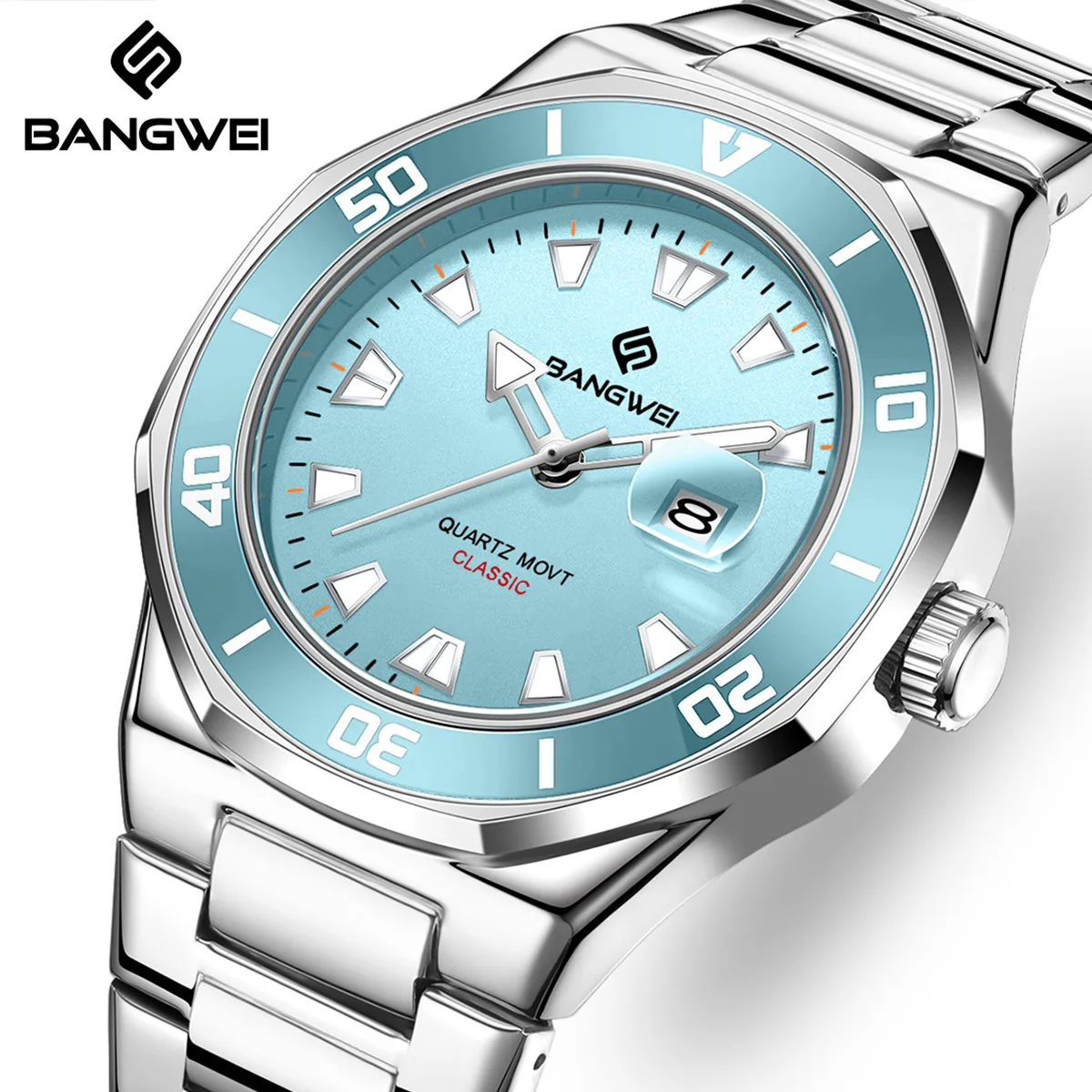 

BANGWEI Men's Business Watches Fashion Luminous Waterproof Quartz Wristwatch Luxury Stainless Steel Date Sports Man Watch+Box