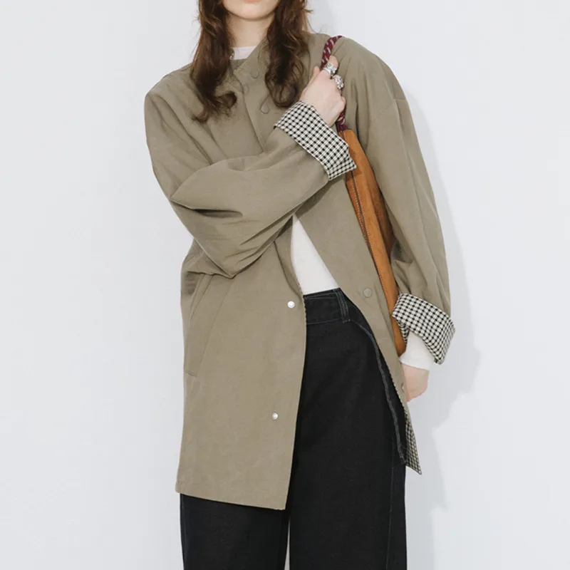 HKSH Spring Autumn New Women Trench Coat Stand Collar Single Breasted Plaid Reversible Jacket Versatile Tide Windbreaker HK13540