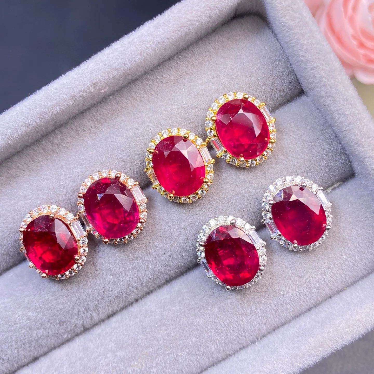 Heat-Treated Ruby Stud Earrings, Clean Crystals 8x10mm Main Stones 925 Silver Fine Setting, Elegant Gemstone Jewelry Gift