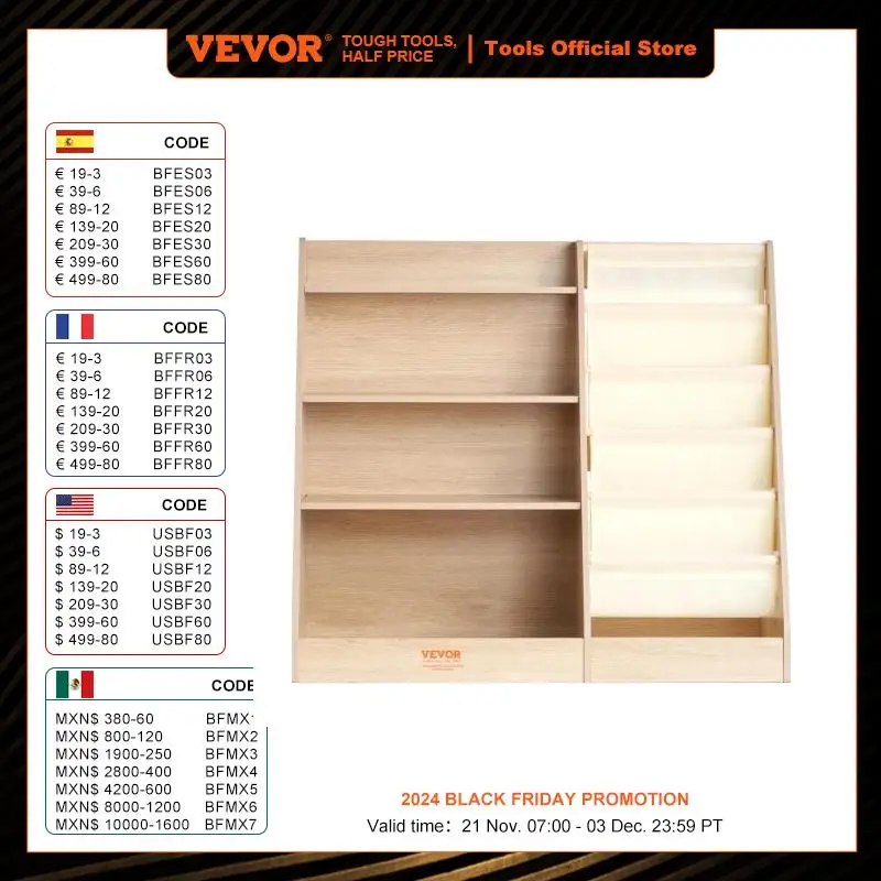 VEVOR 4-Tier Kids Wooden Bookshelf Six-Layer Sling Bookcase Baby Storage Book Rack for Kids Room Playroom Kindergarten Nursery