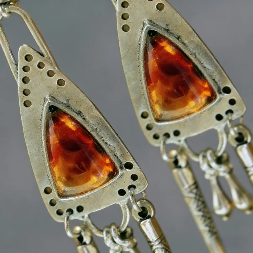 Triangle Dangle Earrings For Women Vintage Tribe Ethnic Handmade Tassel Inlay Amber Stone Eardrop Earring Female Wedding Jewelry
