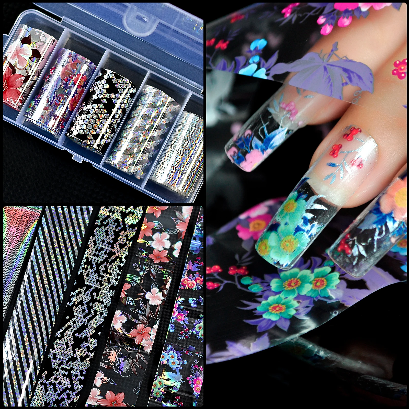 5 Rolls Mix Design Nail Art Foil Transfer Stickers Decals,Flower Laser Nail Decals Nail Stickers for Acrylic Nails