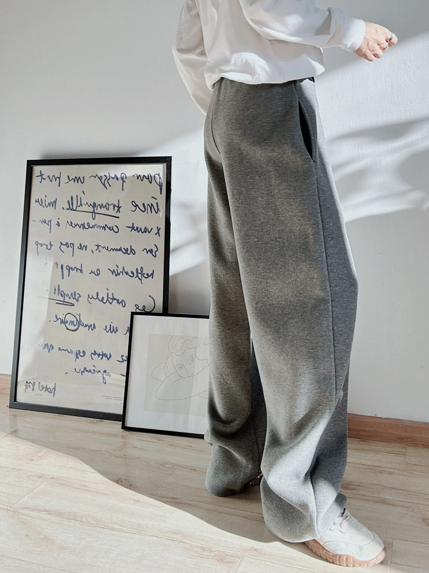 

High-End Wool Air Layer Mixed Fabric ey Bla Casual Wide Leg Pants Sports Trousers for Women Autumn Winter Loose Fit Trousers