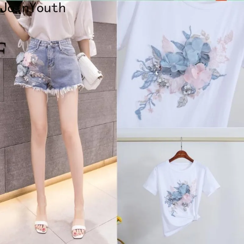 Korean Two Piece Sets Women Clothing Embroidery Short Sleeve White Tshirts High Waist Denim Shorts Outfits Casual Summer Y2k Set