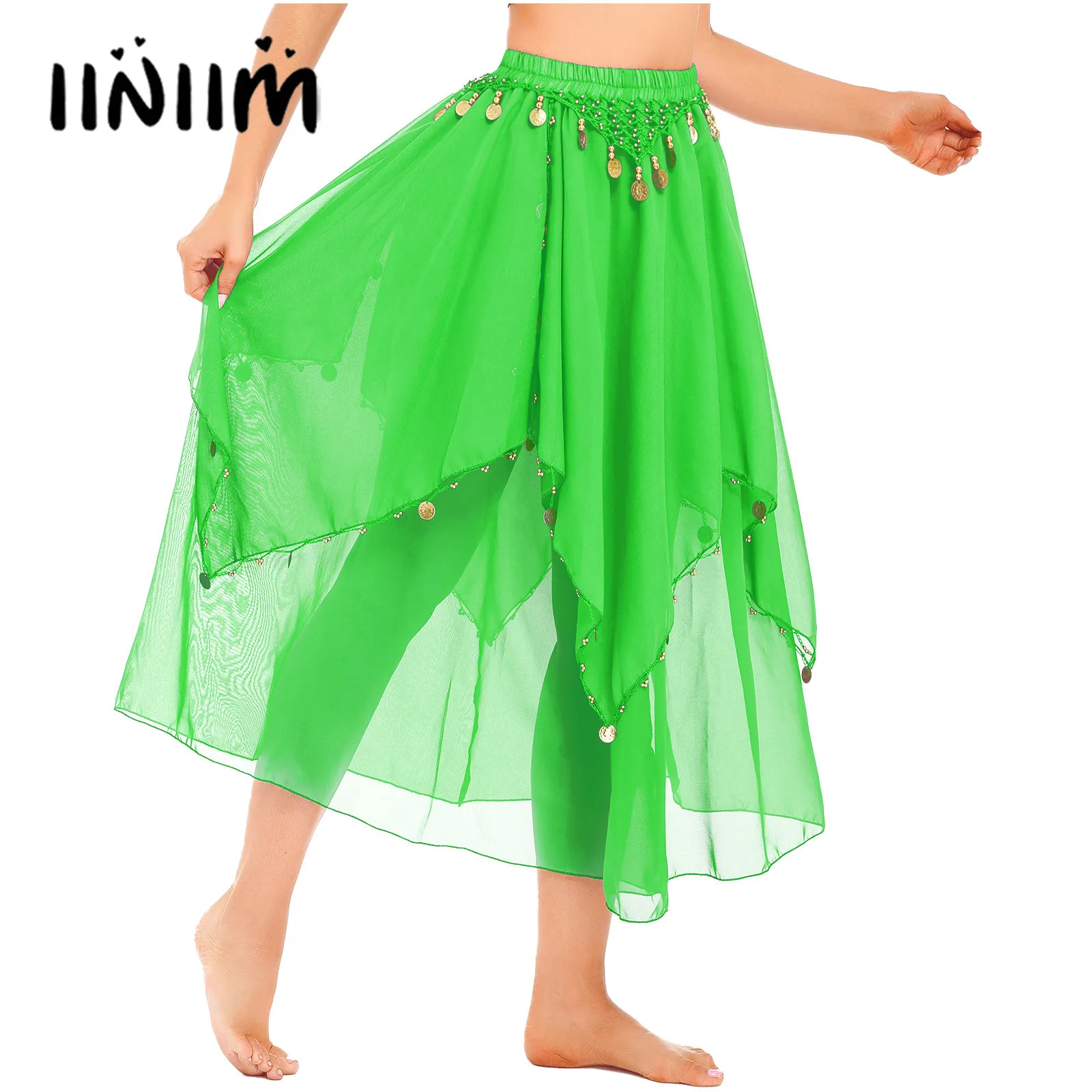 Womens Indian Belly Dance Performance Costume Sequin Beaded Chiffon Belly Dance Skirt Elastic Waistband Skirts Dancewear