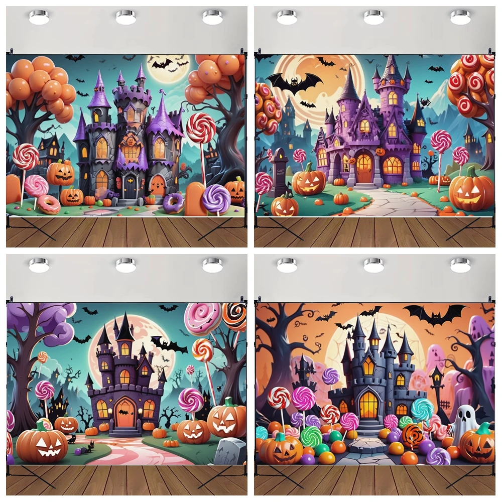 

MOON.QG 2025 Halloween Background Candy Castle Balloons Backdrops For Photography Poster Decoration Accessories Shooting Props