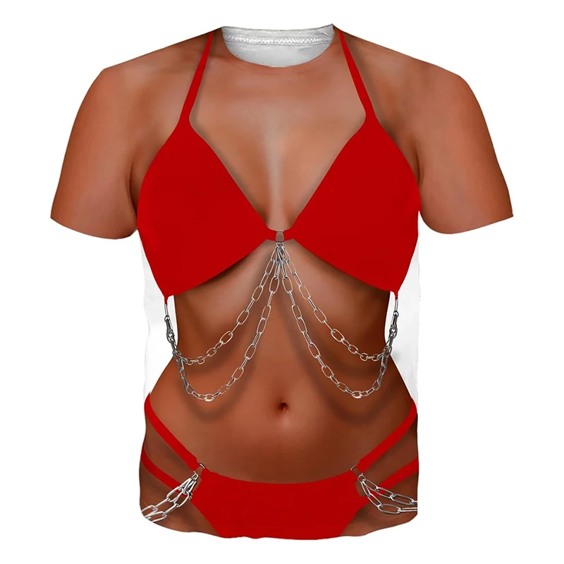 Hot Sexy Bikini Print Y2k T-Shirt Men And Women Novelty Fake Muscle Funny T Shirts Hip Hop Street Personality 2025 Summer Tee