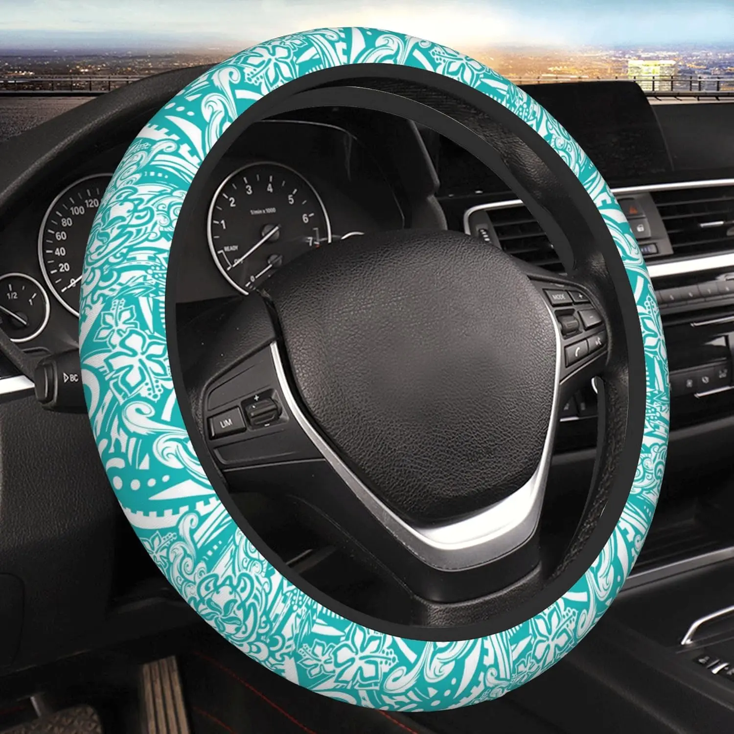 Hawaiian Teal Tribal Turtles Car Steering Wheel Cover for Women Men Stretch Cloth Anti-Slip Wrap Protector Case Universal