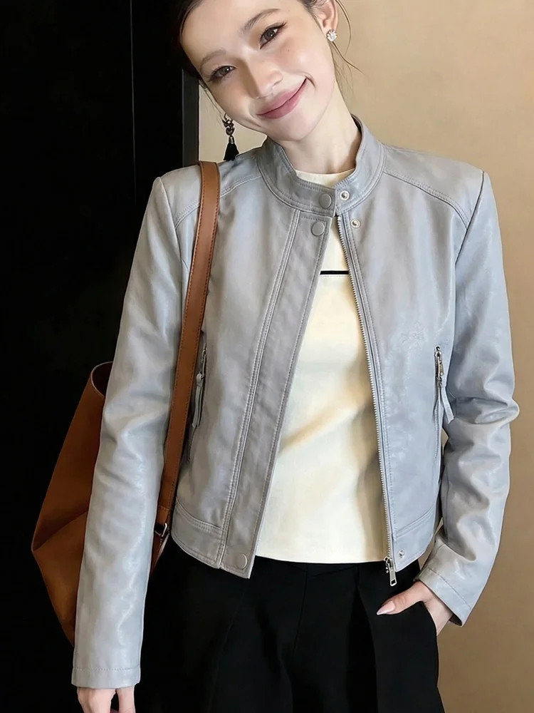 

Spring 2026 Slimming Pure Color Leather Jaet Women's Faionable ort Outerwear Design Sensation Long Sve Commute Sle