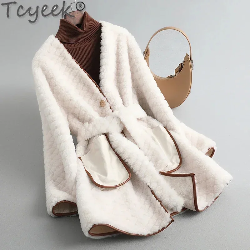 Tyeek-casaco comprido de cordeiro para mulheres, 100% shearling de ovelha, pele quente em um, roupas femininas, inverno