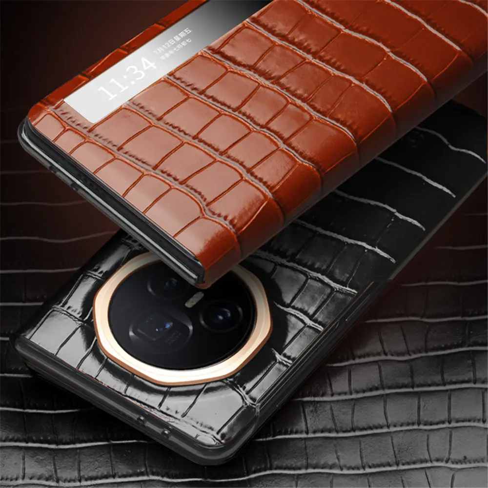 Premium Natural Cowhide Leather Crocodile Magnetic Flip Case For Honor Magic V3 Window View Holder Cover