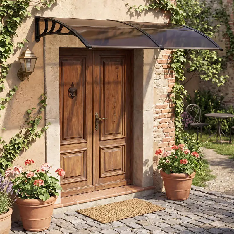Porte d'entrée 197 x 89 cm, auvent extérieur en polycarbonate transparent avec cadre en aluminium brun, protection contre la pluie, la neige, le vent et le soleil pour porte, fenêtre et façade, style moderne minimaliste, amélioration de l'habitat, entrée de maison