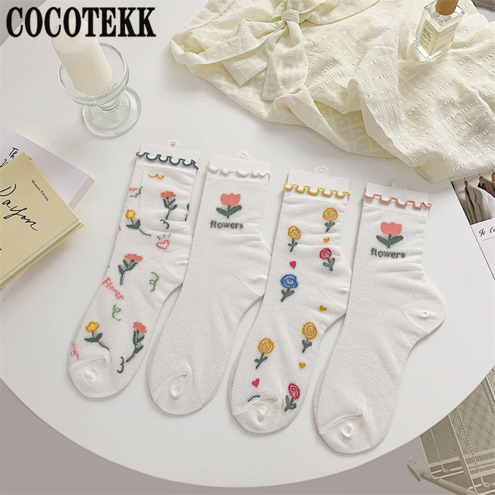 

Women Socks Fresh Flower Art 2023 Fashion Transparent Design Lace Cute Sox Women Spring Summer Trend Street Thin Breathable Gift