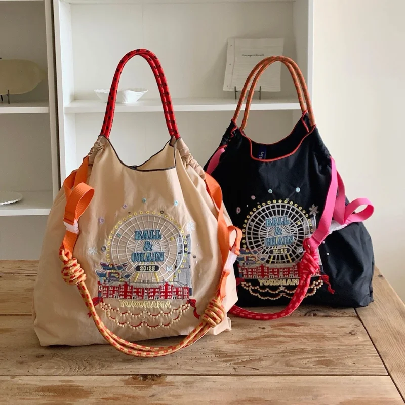 

Japanese-Style Ferris Wheel Embroidery Design Large-Capacity Women's Shoulder Bag Exquisite Shopping Bag Lightweight Handbag for Commuting and Travel