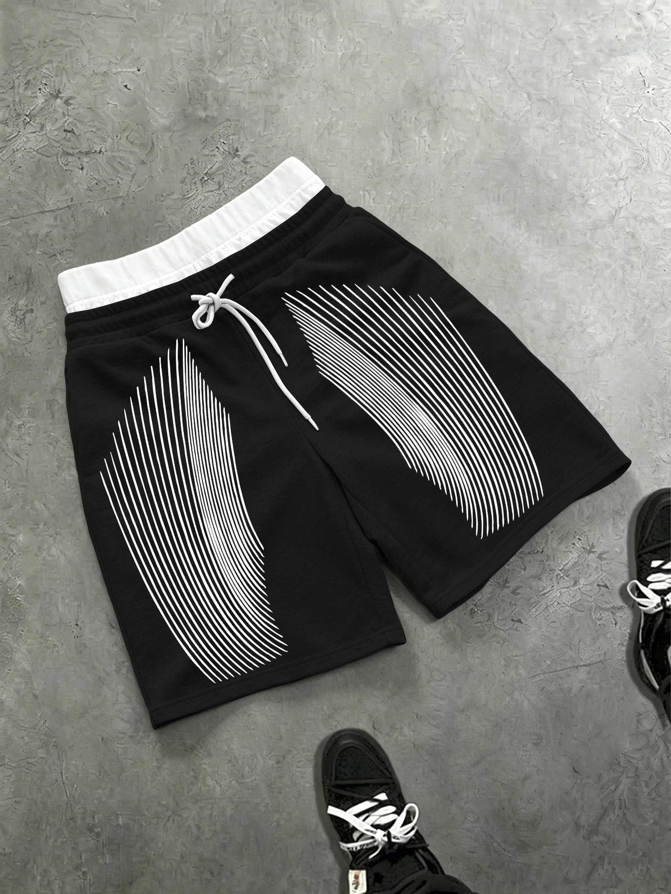 Men's Loose Streetwear Abstract Geometric Line Graphic Drawstring Shorts Polyester Elastic Waist S‑2XL 1Pc