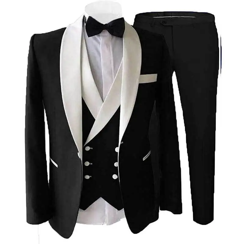 

Lansboter Black Men Suit 3 Pieces With Slim Fit White Lapel Suitable For Business Weddings Banquet Sets Jacket Vest And Pants