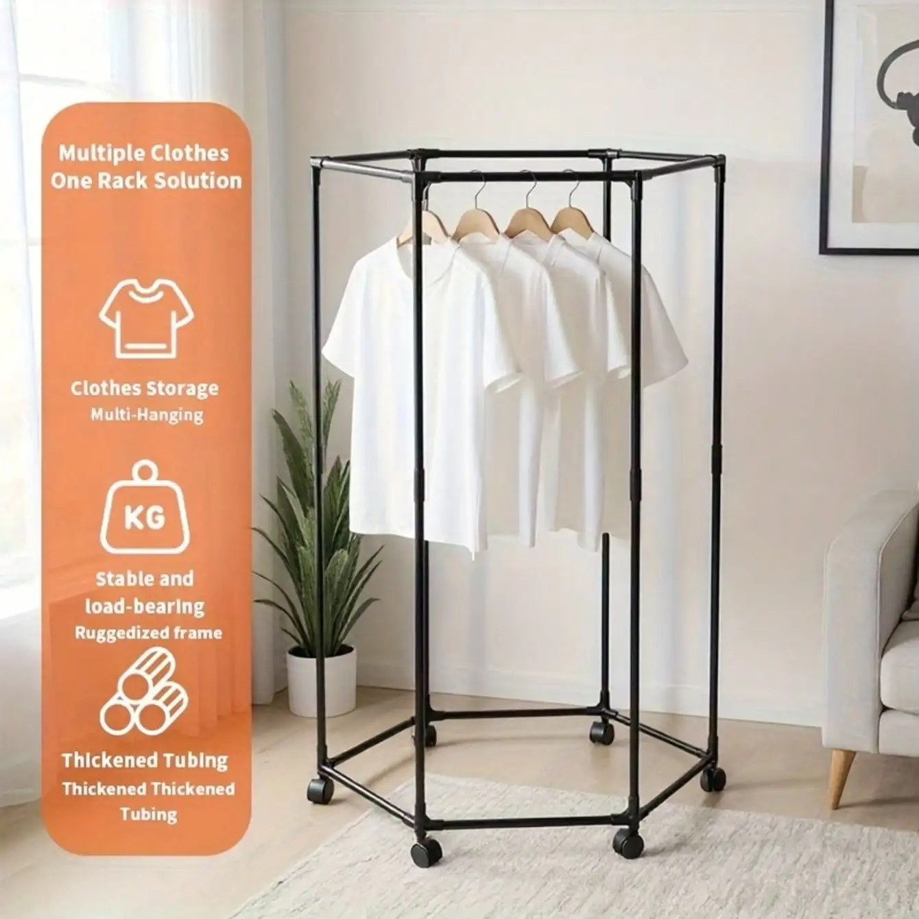 Heavy-Duty Hexagonal Clothes Rack - 260Lbs Load, Stainless Steel w/Rollers, Portable for Bedroom/Laundry