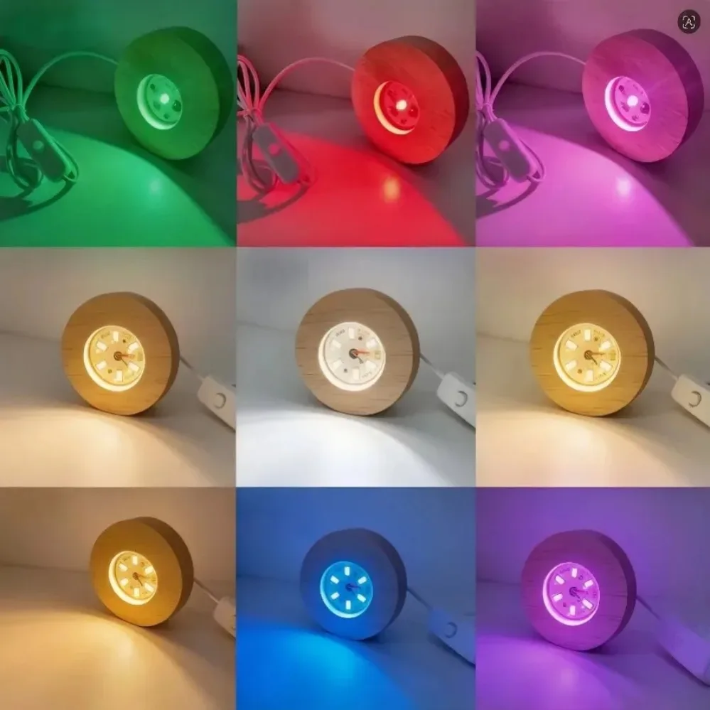LED Wooden Round Lighted Base Adjustable Colors Changing Display Stand LED chip for Home Illuminate 3D Crystal Glass Resin Art