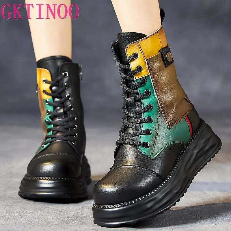 GKTINOO Mixed Colors Handmade Retro Winter Women Platform Heel Boots Luxury Full Cow Leather Mid Calf Thick Heel Warm Boots