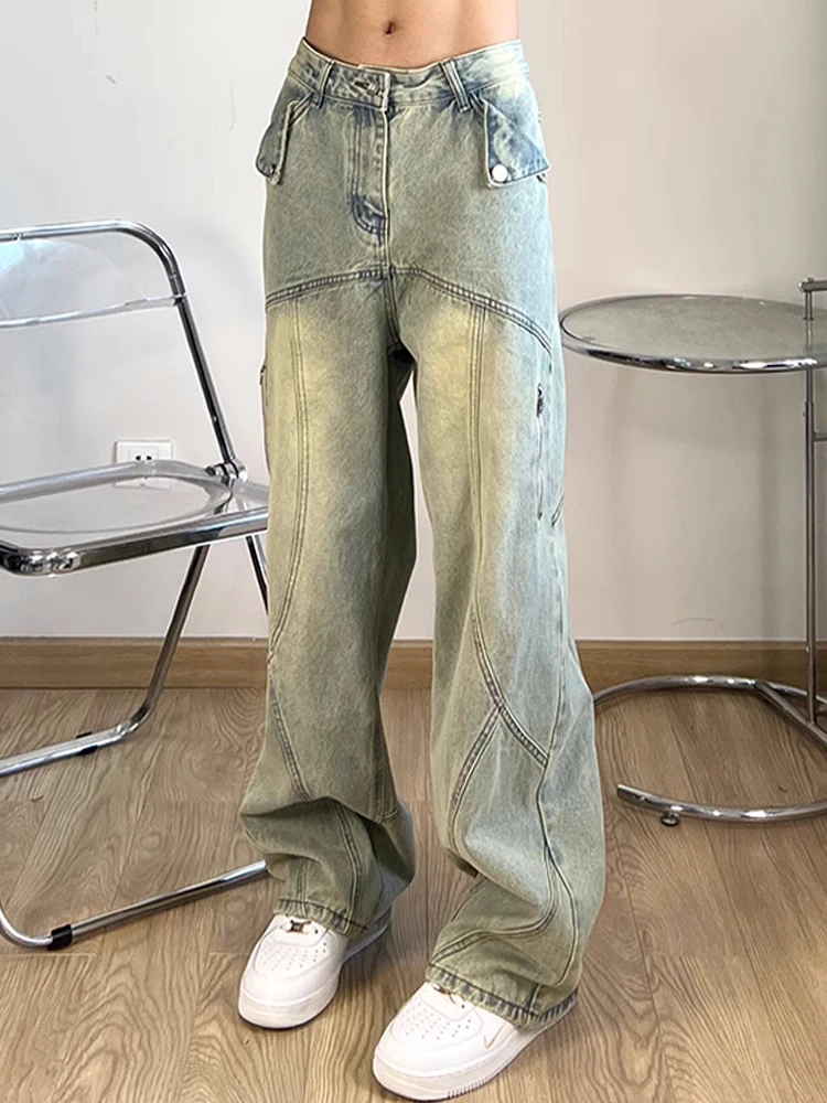 

Американские винтажные джинсы с широкими штанинами для мужчин и женщин, дизайнерские, прямые, в стиле High Street, модные, повседневные, свободные, длинные брюки