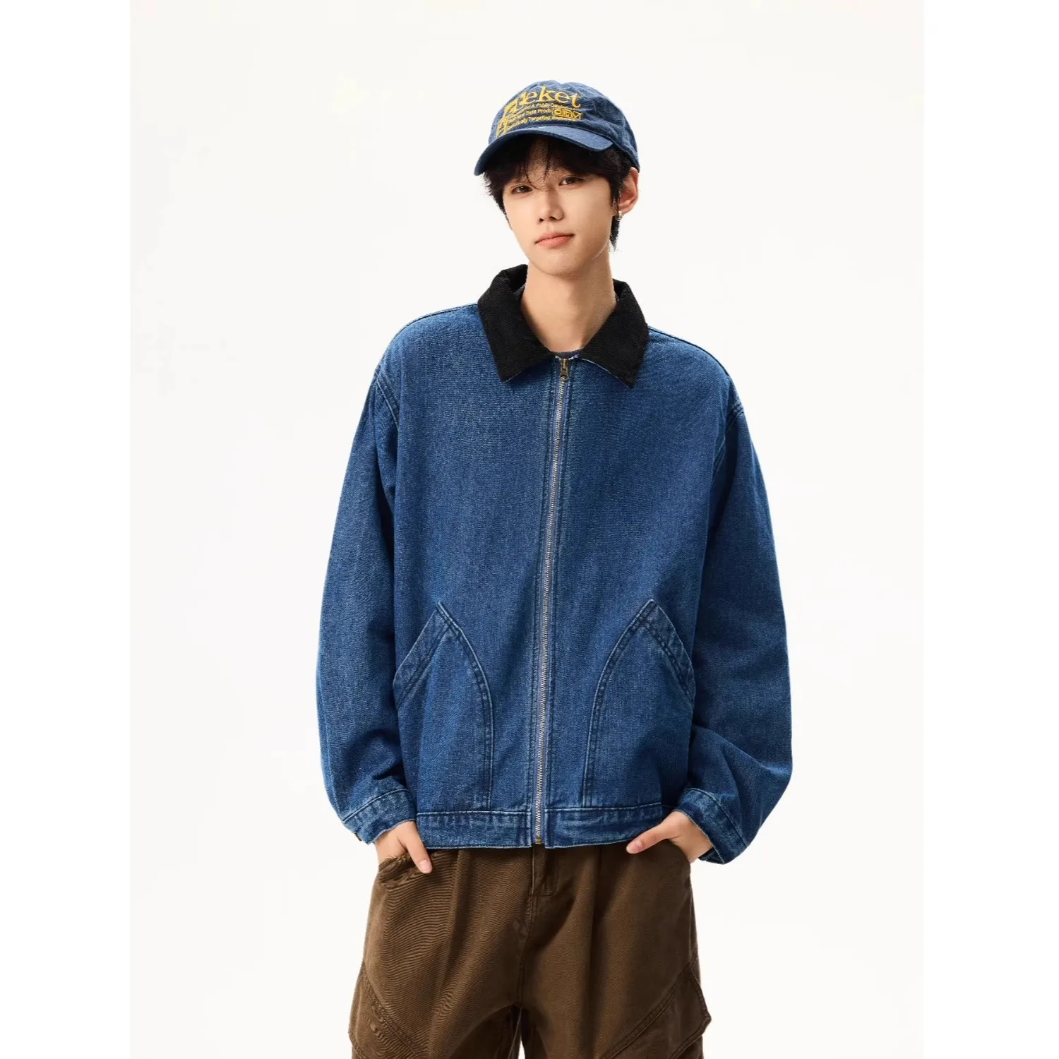 

Retro Waed Canvas Work Jaet Men's k Blue Street Sle Cleanfit Detroit Coat Loose Fit Polyester Fiber Spring Autumn Wi...