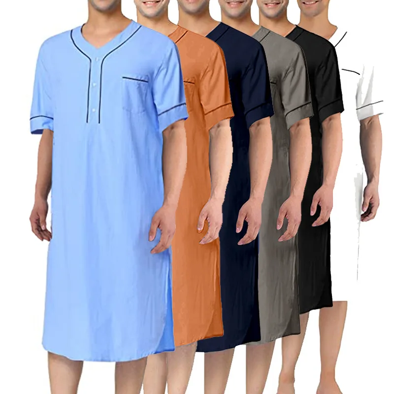 Summer Short Sleeve Men Thin Nightgown Muslim Islamic Homewear Solid Color Loose Saudi Arabia Kaftan Home Abaya Sleep Robe