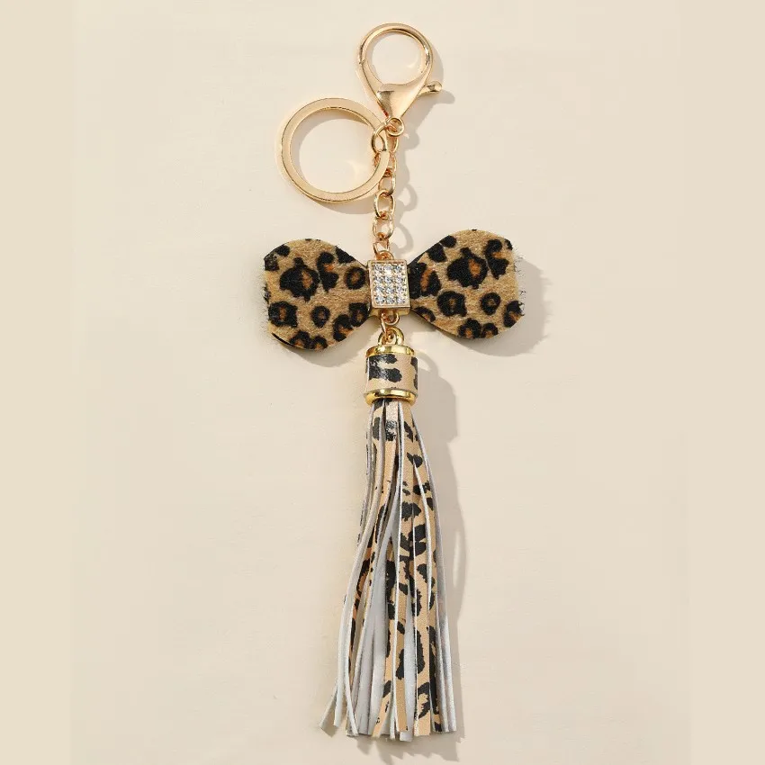 Cute Leopard Pu Leather Tassel Bowtie Accessory Crystal Shining Handmade Fashion Keychain for Women Car Key Purse Handbag