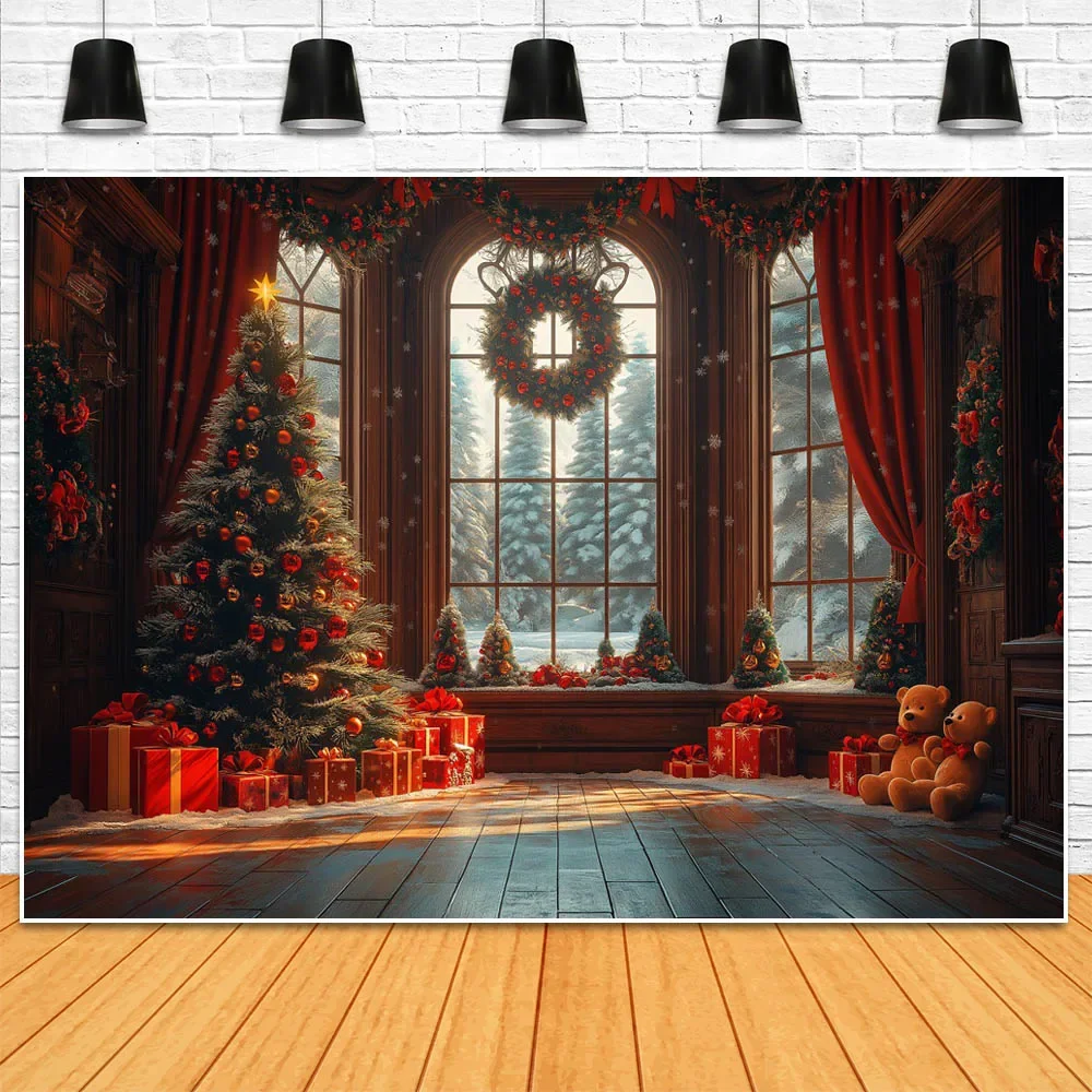 Mocsicka Christmas Photography Background Interior Xmas Tree Bear Gift Box Snow Scene Window Children Photo Backdrop Shoot Props