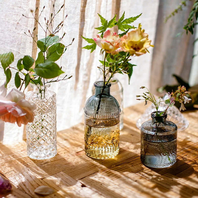 Nordic Vintage Vase Small Mouth Transparent Glass Plants Hydroponic Dried Flower Vessel Home Living Room Desktop Decoration