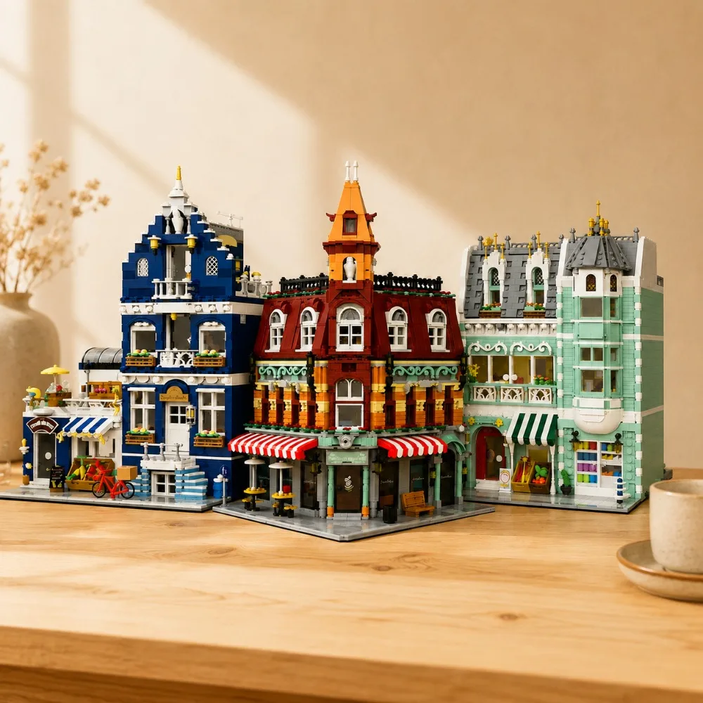 Creative Micro Building Blocks Toy Coffee Shop European Market Street Grocery Store DIY Architecture Model Birthday Gifts Toy