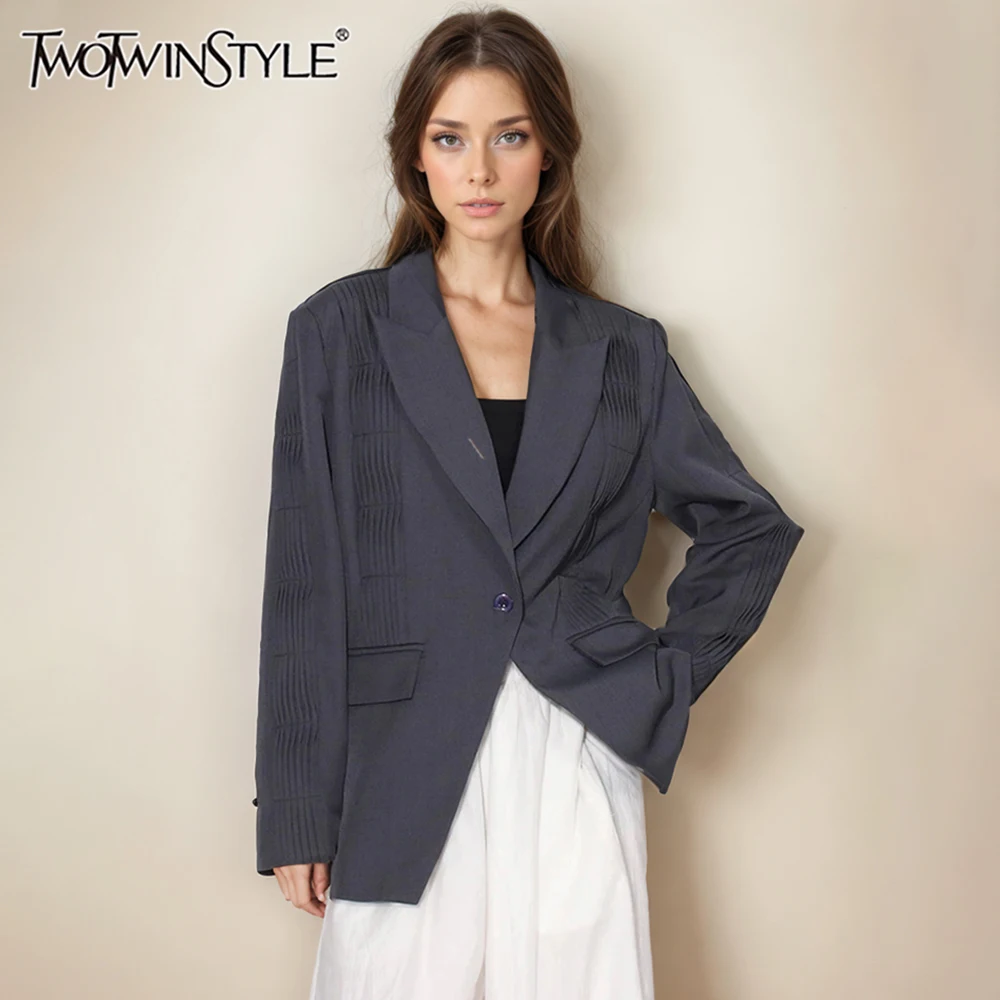 

TWOTWINSTYLE Solid Patchwork Button Minimalist Blazer For Women Notched Collar Long Sleeve Spliced Folds Chic Coats Female New