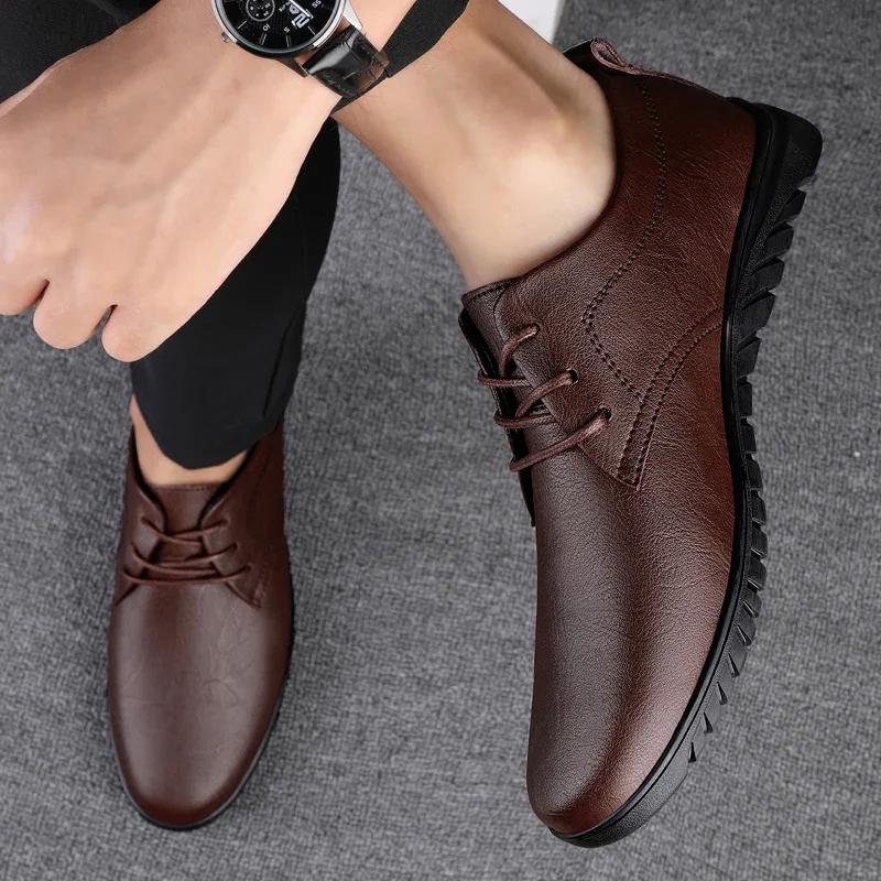 Men Round Head Leather Shoes Business Dress Shoes Handmade Casual Shoes Lace Up Footwear Men Platform Moccasins Slip-on Loafers