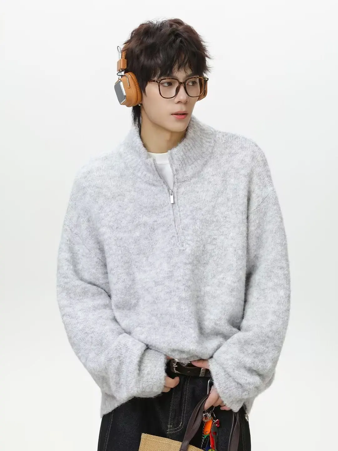 

Мужской вязаный свитер свободного кроя с высоким воротником на молнии, винтажный повседневный топ из круговой вязки, мягкий, длинный рукав