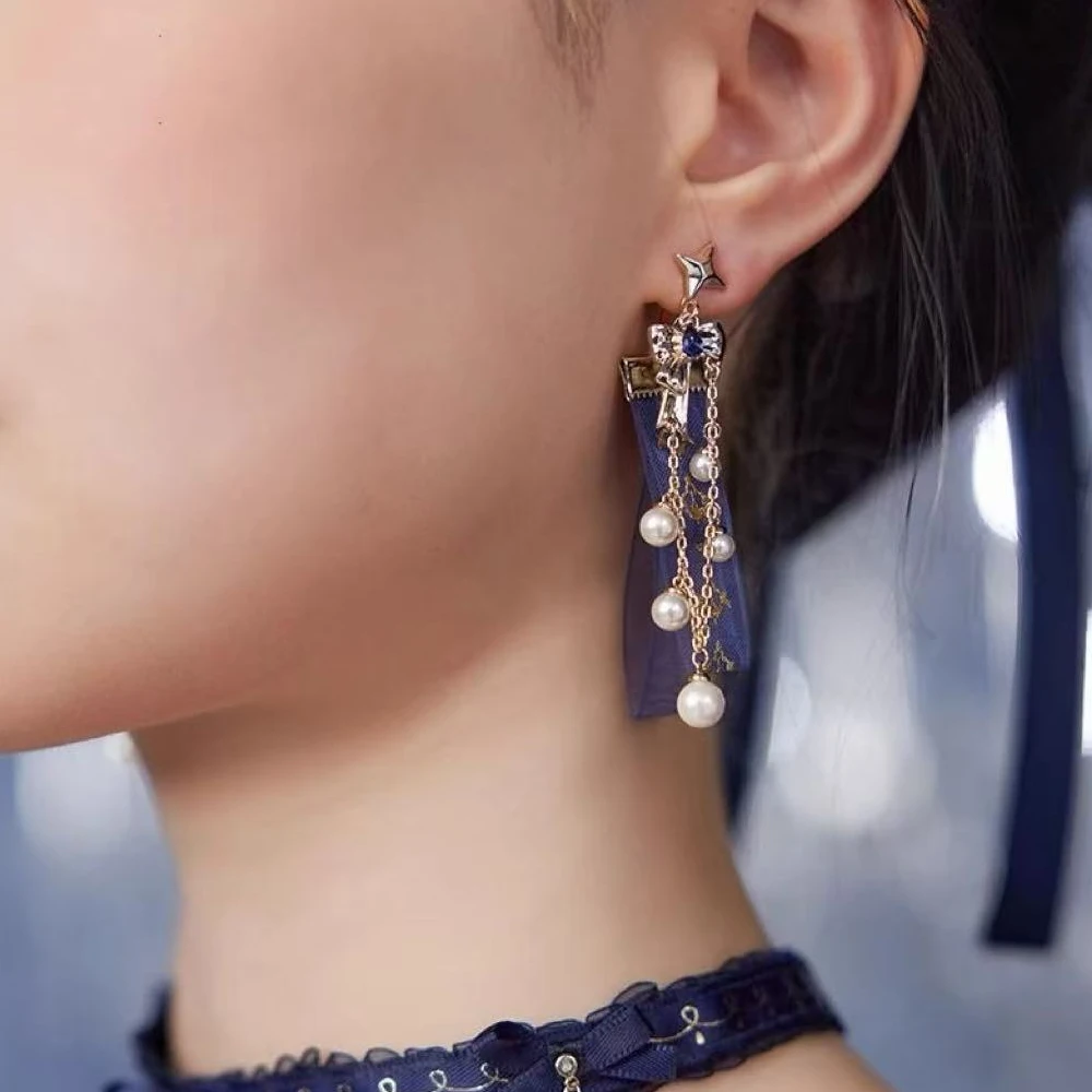 게임 겐신 임팩트 후리나 코스프레 귀걸이 메탈 이어 스터드 비대칭 이어드롭 성인용 비즈 체인 이어 클립 패션 파티 소품