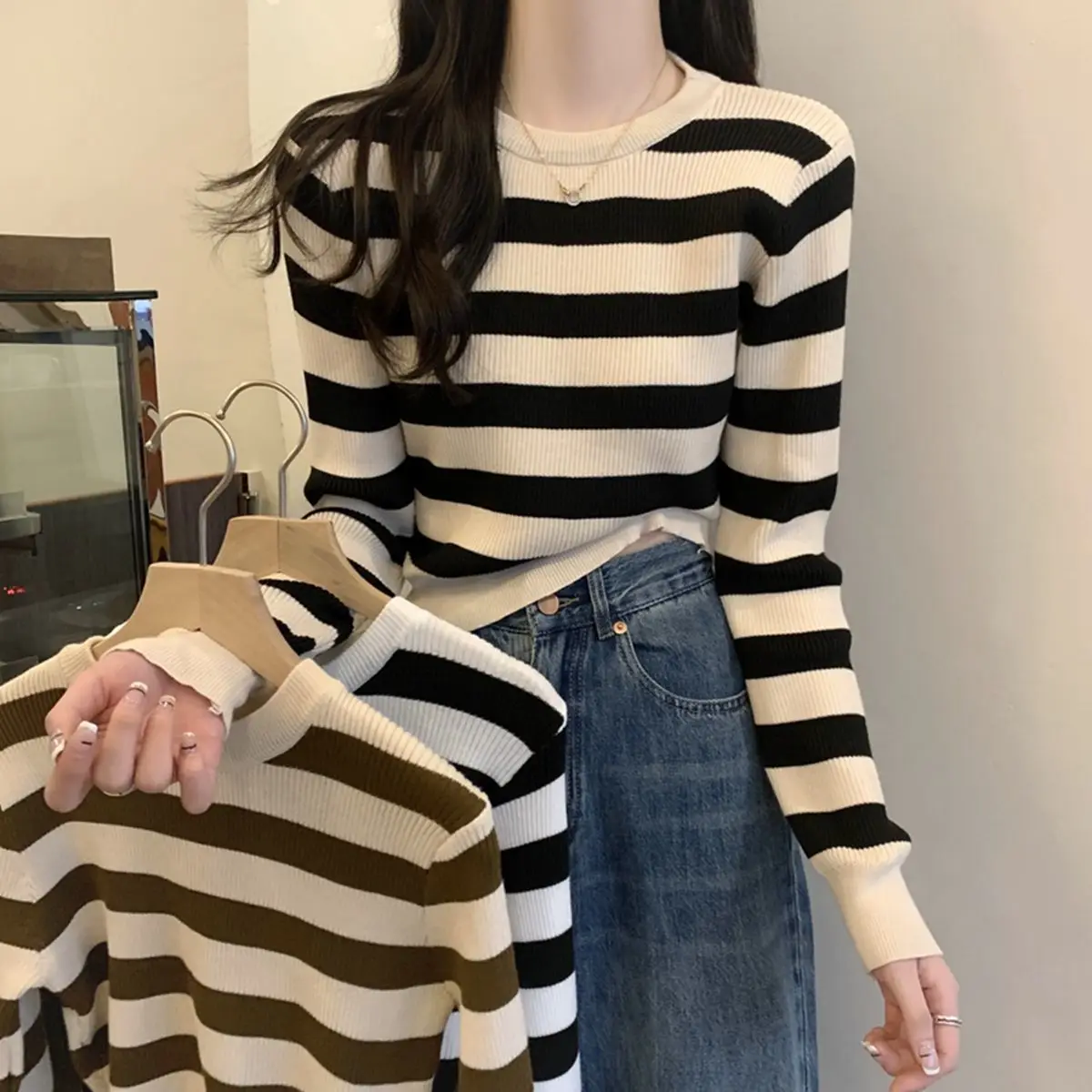 

O Neck Fashion Long Sleeve Women Pullovers Chic Puff Office Lady Striped Retro Ladies Tee Elegant Basic Casual Jumper Female Top