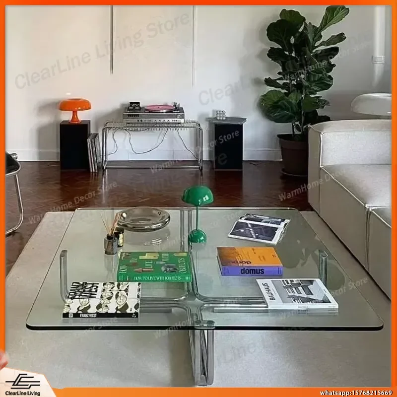 Transparent Square Glass Coffee Table with Stainless Steel Frame Modern Minimalist Living Room Low Table for Small Spaces