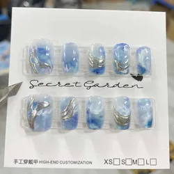 10 Pcs Blue Gilding French Cat Eye Press on Nails Nail Art Ancient Style High-end Short Style Full Cover Detachable Nail Tips