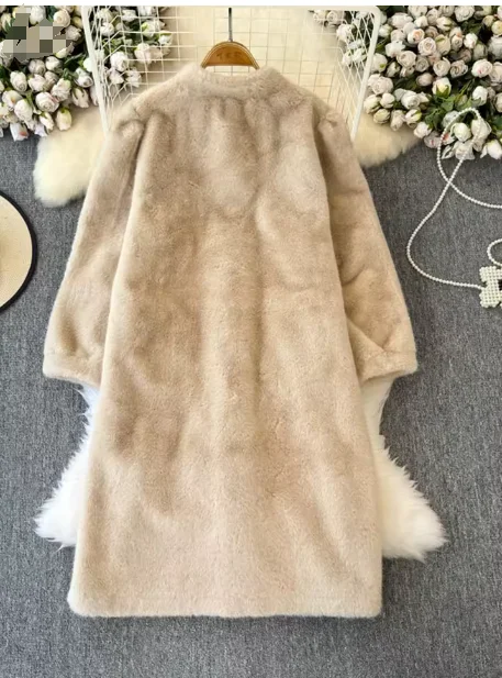 2025 Winter New Double-faced Fur Coat Women's Stand Collar Single Breasted Solid Color Mid Length Coats Female